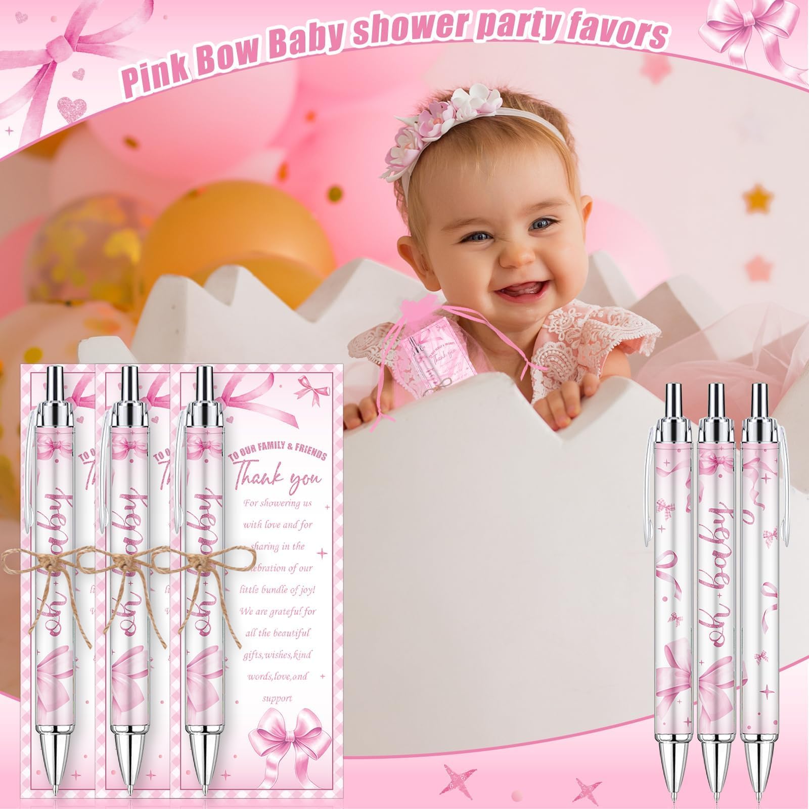 EYNDYN 145 Pieces Pink Bow Baby Shower Favors for Guest Bow Coquette Ballpoint Pens and Keychains