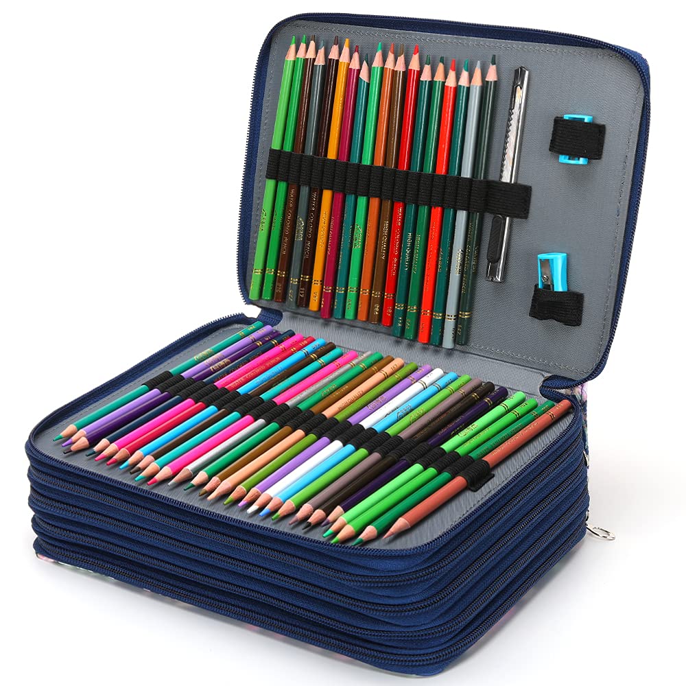 Vomgomfom 252 Slots Pencil Case 5-Layer PU Leather, Handle, Blue Rose
