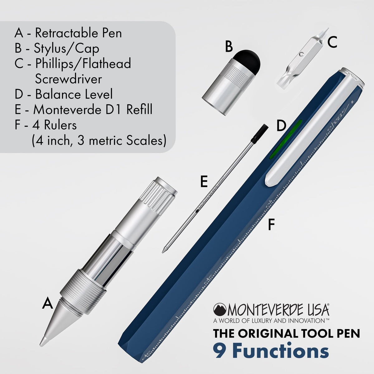 Monteverde USA 9-in-1 Tool Ballpoint Pen in Blue – Multifunctional Pen with Stylus, Screwdrivers