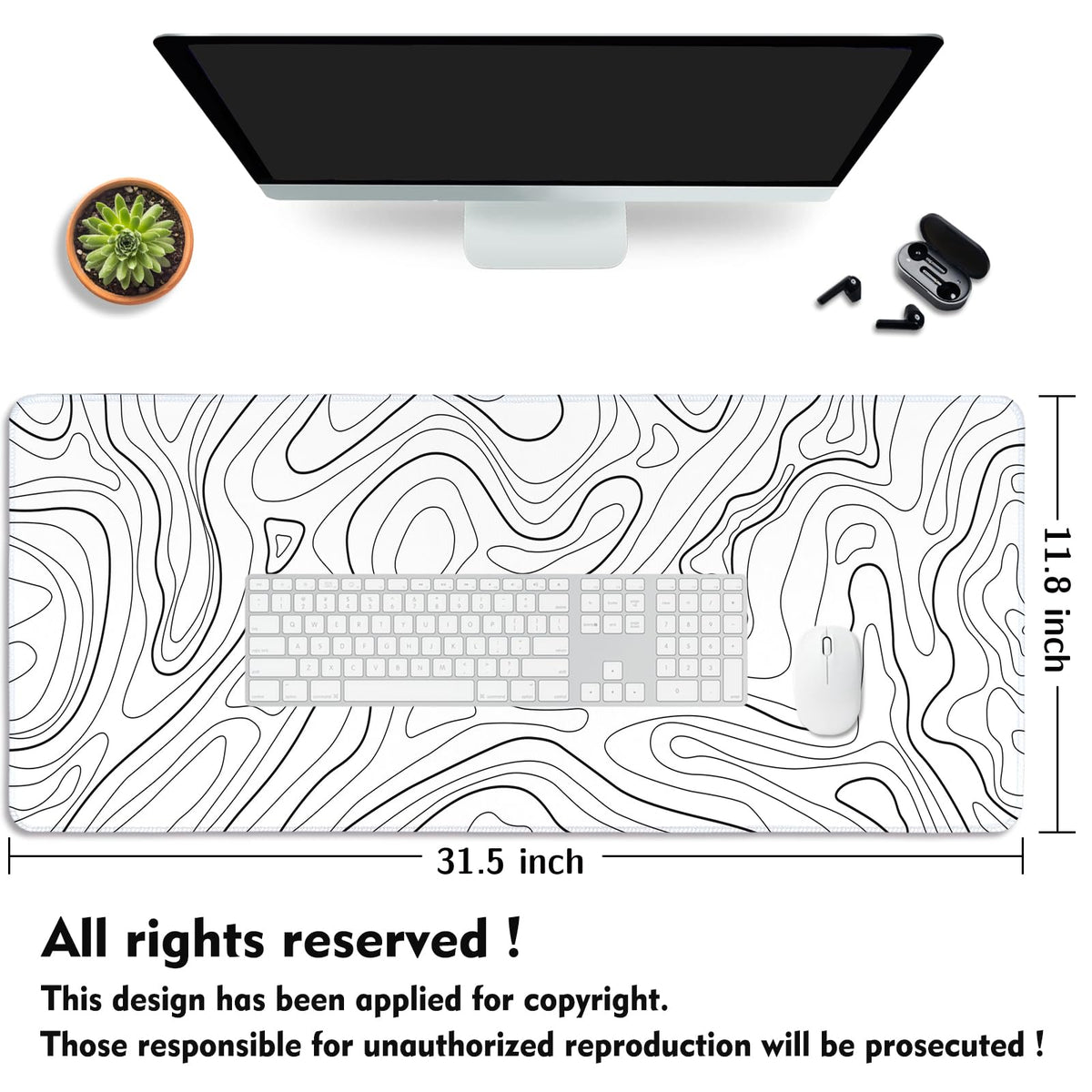 White Topographic Mouse Pad XXL - Extended Gaming Mousepad, Large Non-Slip Desk Mat for Keyboard