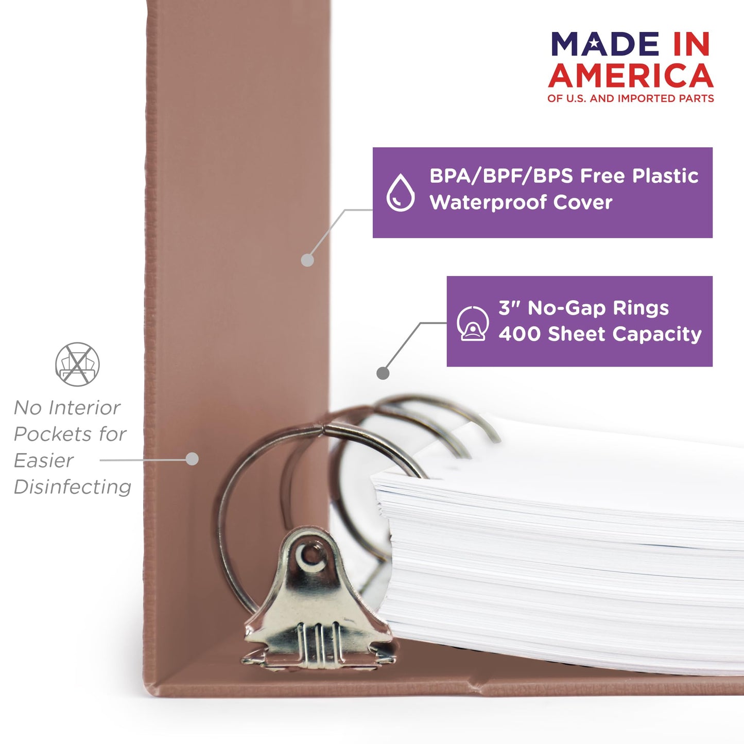 Carstens 3-Inch Heavy Duty 3-Ring Binder - Side Opening, Dusty Rose, Durable Plastic, Precision