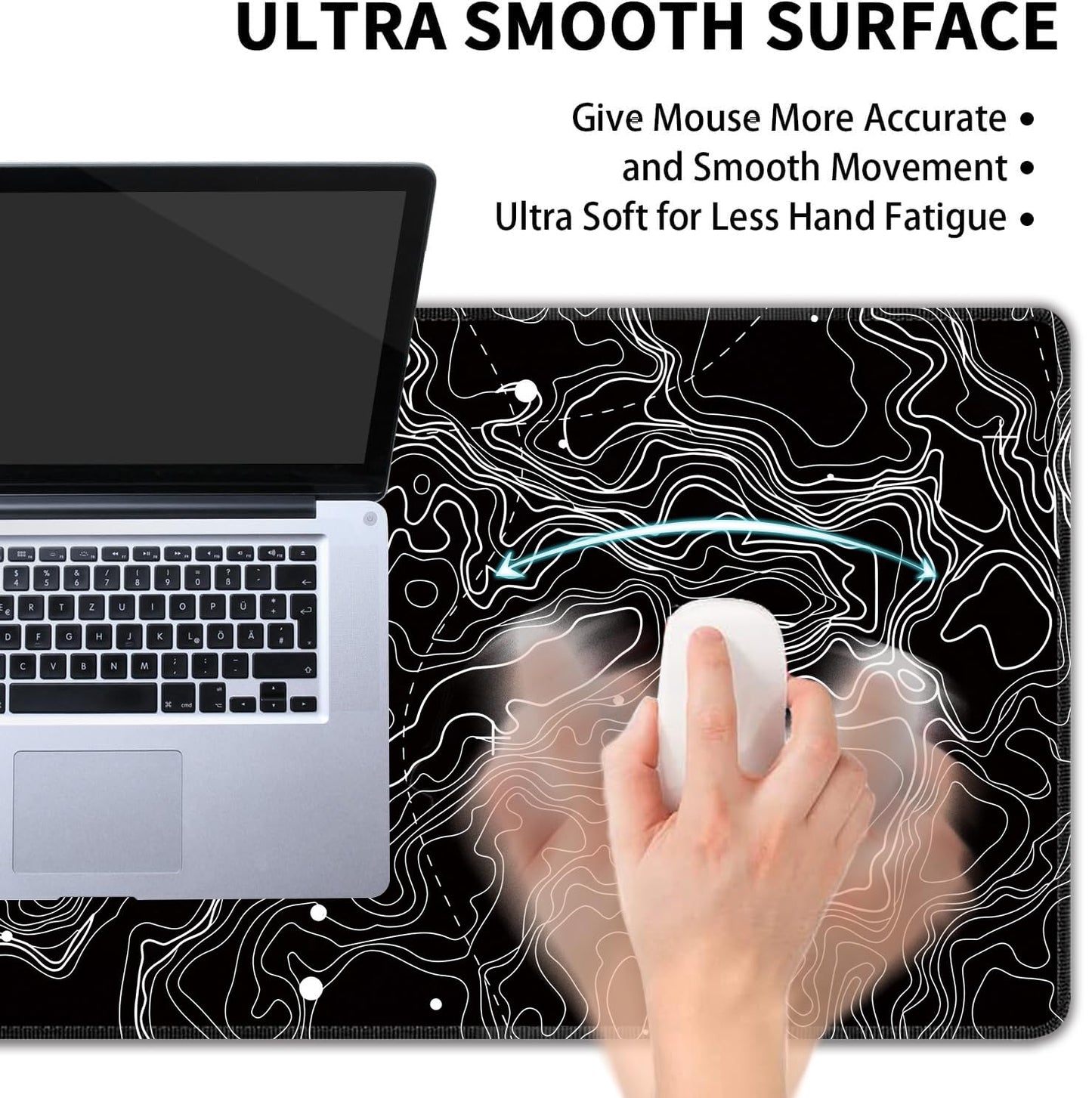 Black with White Topographic Line Large Mouse Pad,Gaming Keyboard Desk Pad,Extended Mouse Mat