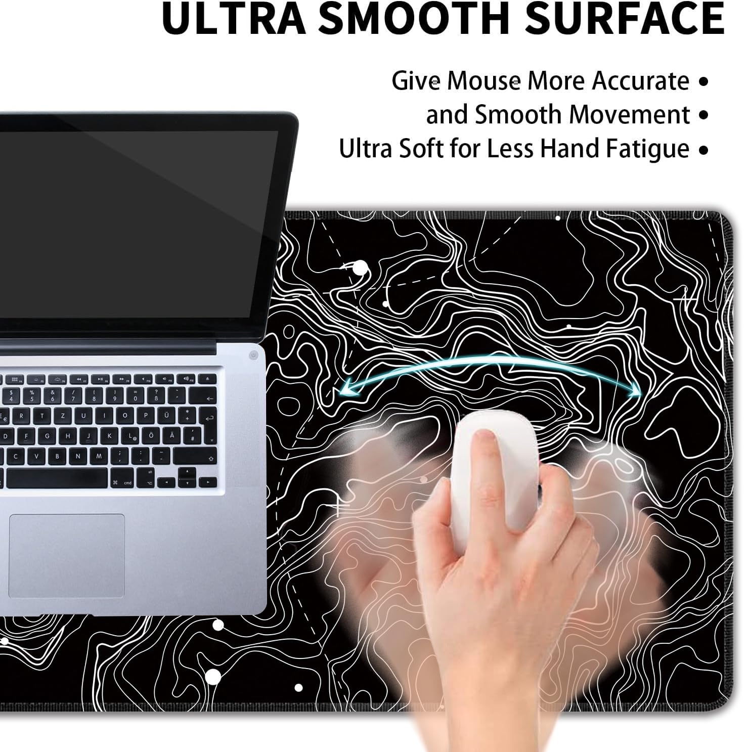 Black with White Topographic Line Large Mouse Pad,Gaming Keyboard Desk Pad,Extended Mouse Mat