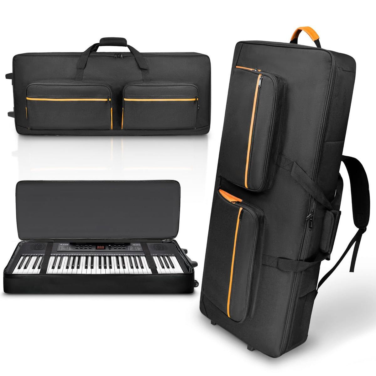 ORKELS 61-Key Keyboard Case with Wheels & Adjustable Shoulder Straps– Padded Rolling Gig Bag with 4