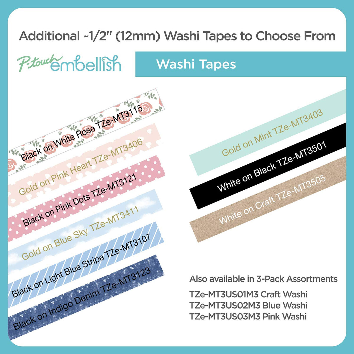 Brother P-Touch Embellish Gold Print on Mint Washi Tape TZeMT3403 - ~~½” Wide x 13.1’ Long for use