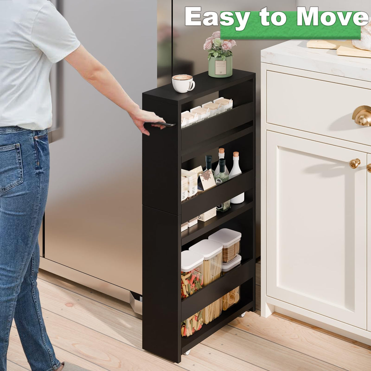 MARTY Slim Rolling Storage Cart, Wood Utility Kitchen Bathroom Laundry Cart