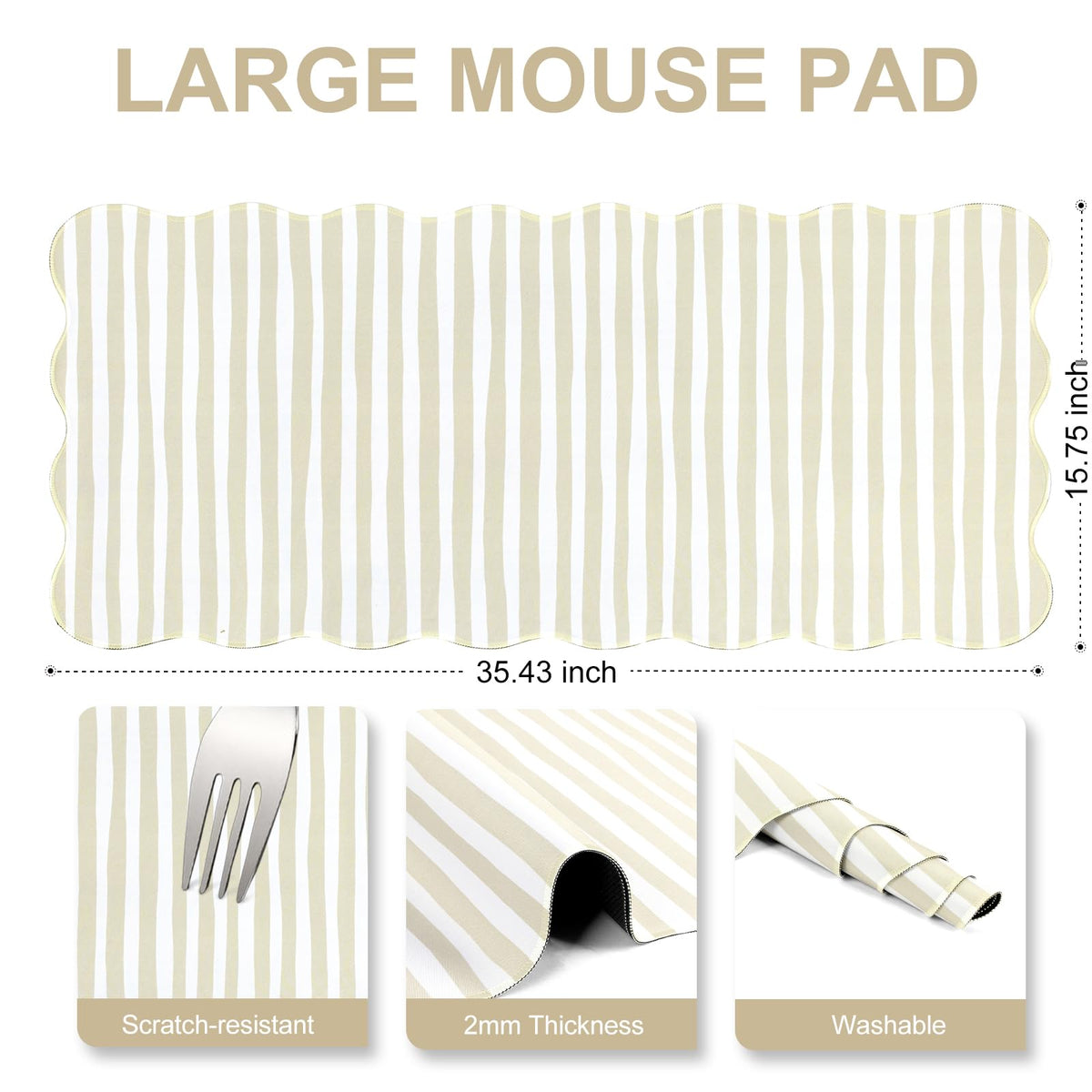 L-SPOUTTO Beige Striped Mouse Pad,Scalloped Desk Mat XXL Large Geometric Gaming