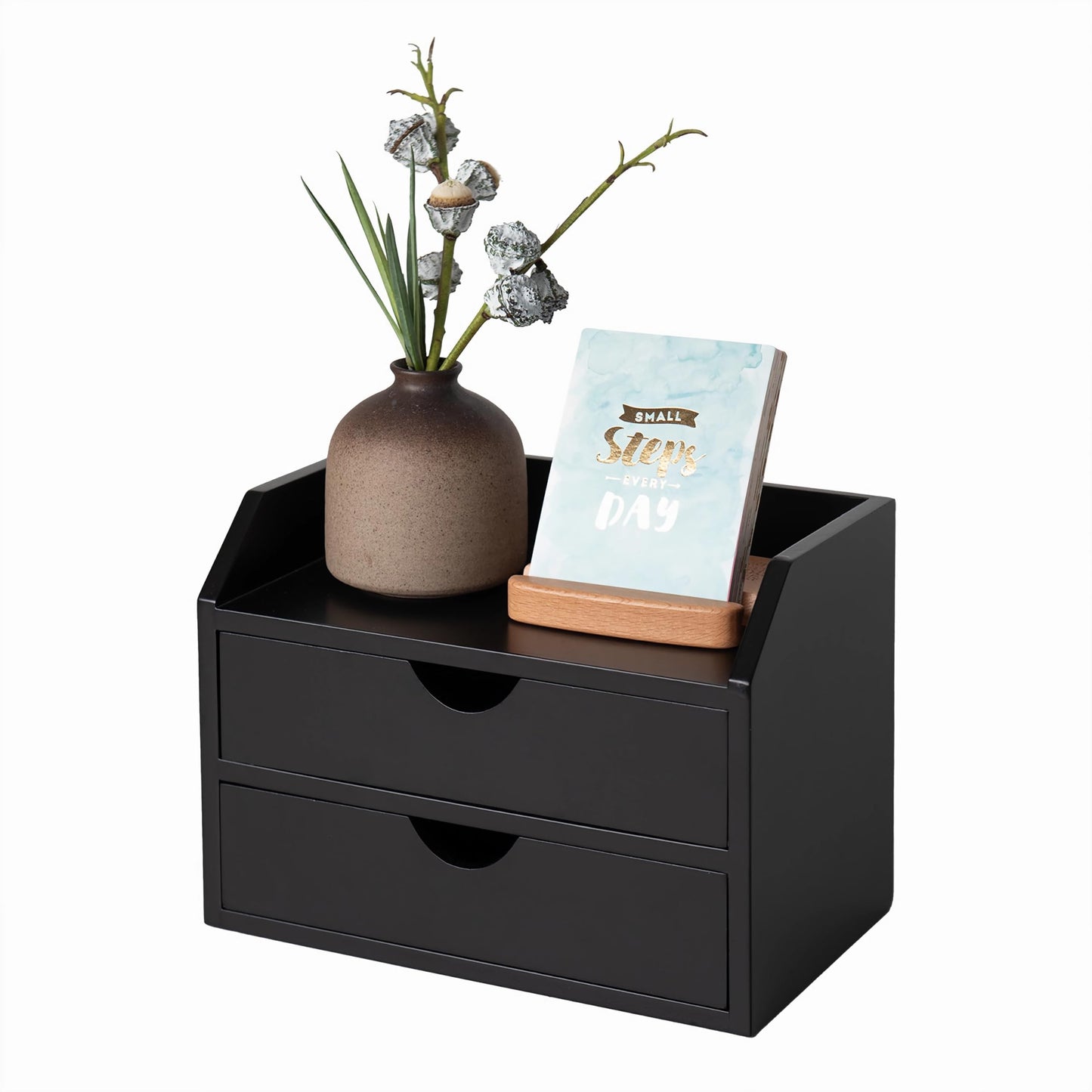 ROSE BLOOM Black Wood Desk Organizer with 2 Drawer, Mini Cute Cabinet with Storage Shelf for