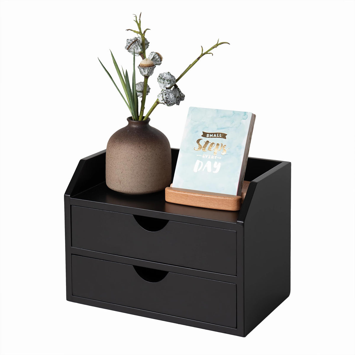 ROSE BLOOM Black Wood Desk Organizer with 2 Drawer, Mini Cute Cabinet with Storage Shelf for