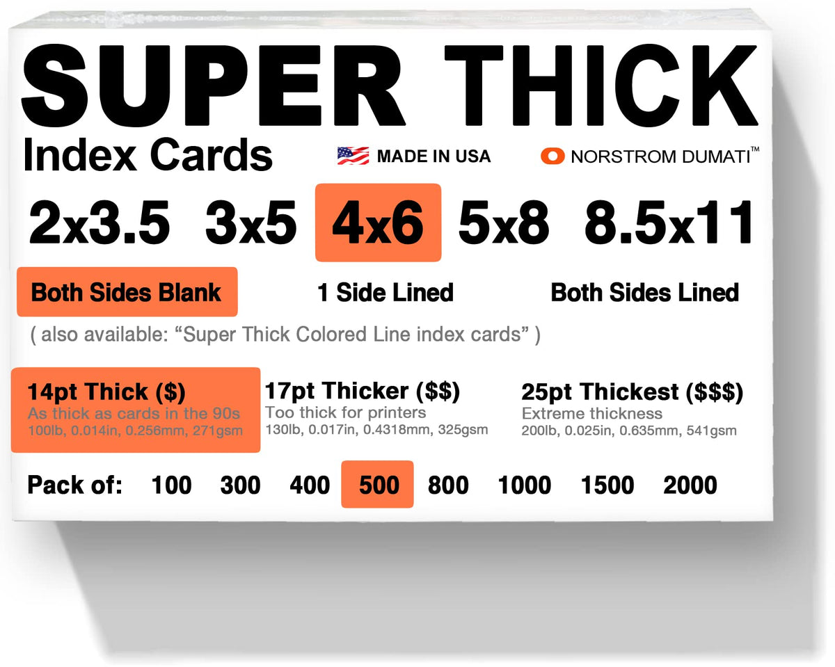 500 SUPER THICK index cards/ 4"x6" / 14pt (0.014") 100lb / blank un-ruled/archival acid-free in bulk