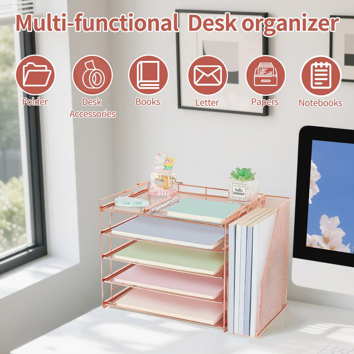 AUPSEN Rose Gold Desk Organizers and Accessories, 5-Tier Desktop Paper File Organizer with