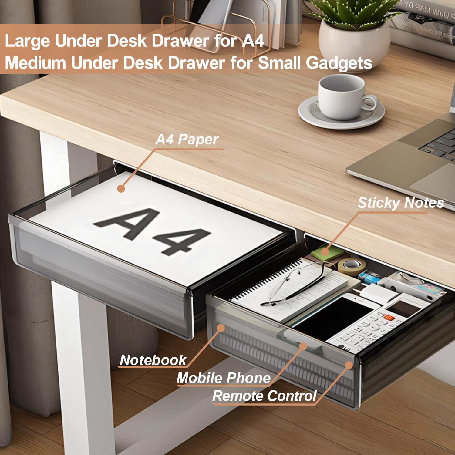 SVNNELP Under Desk Table Drawer Storage Organizer,2 Pack Large & Medium Slide Out Desk Drawers