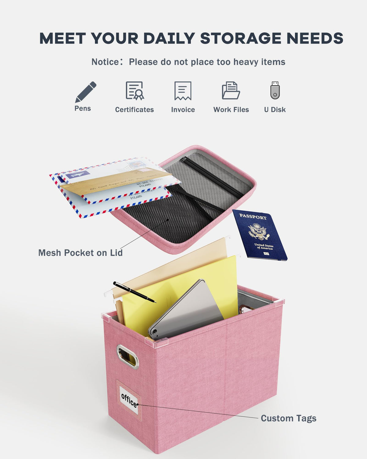 Oterri File Organizer Box with Lid, Hanging Filing File Box with Mesh Pocket, Document Organizer