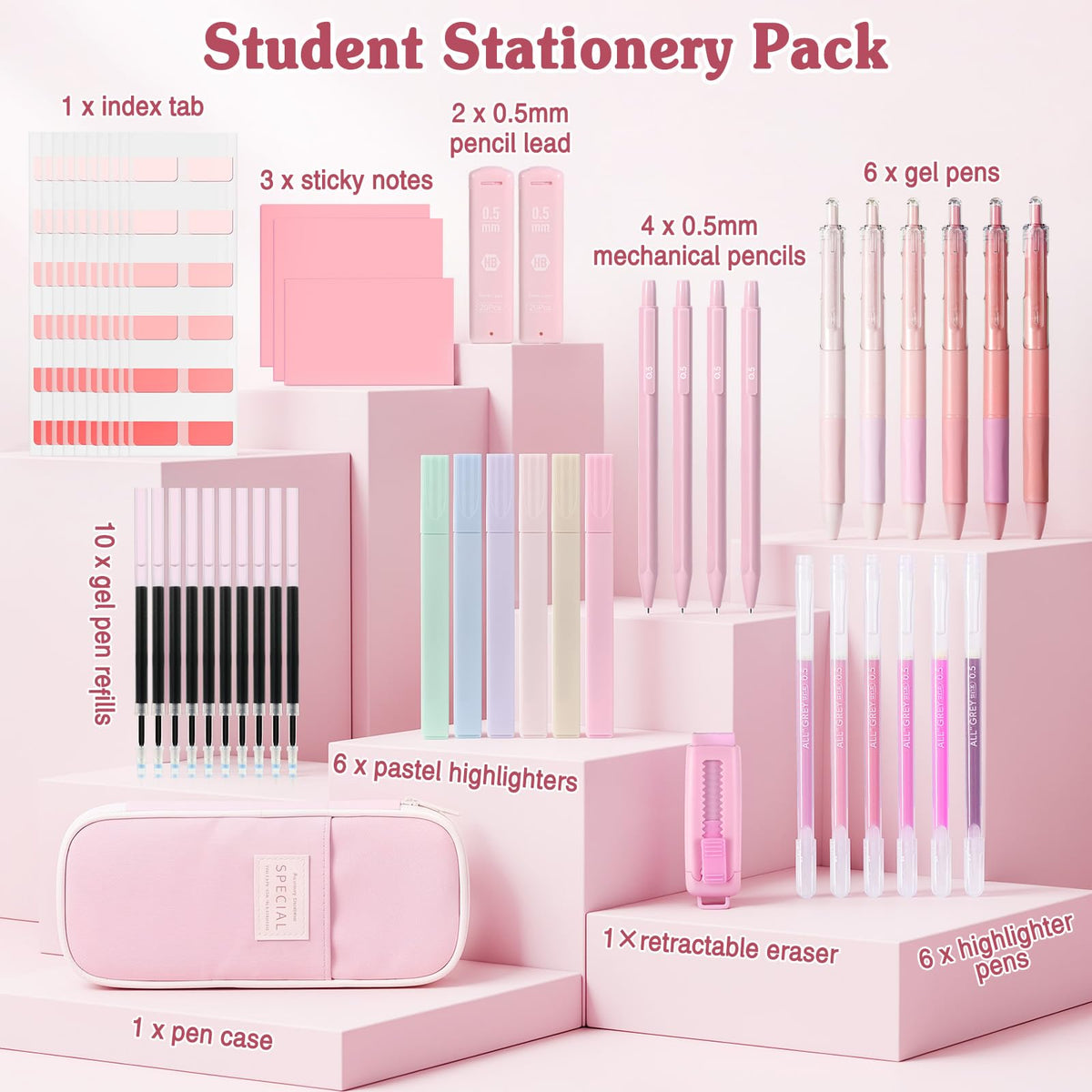 MoKo Pencil Case with Supplies, 49Pcs Aesthetic School Set, Pink