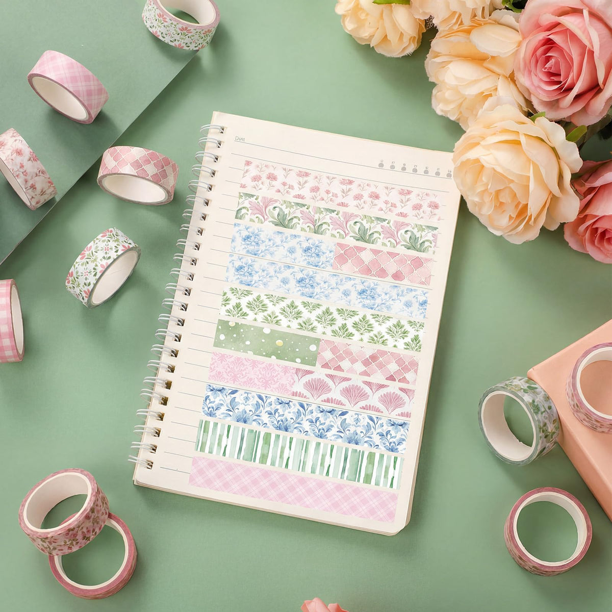 YooNotee 12 Rolls Floral Washi Tape Set,Pink,Blue and Green,Garden