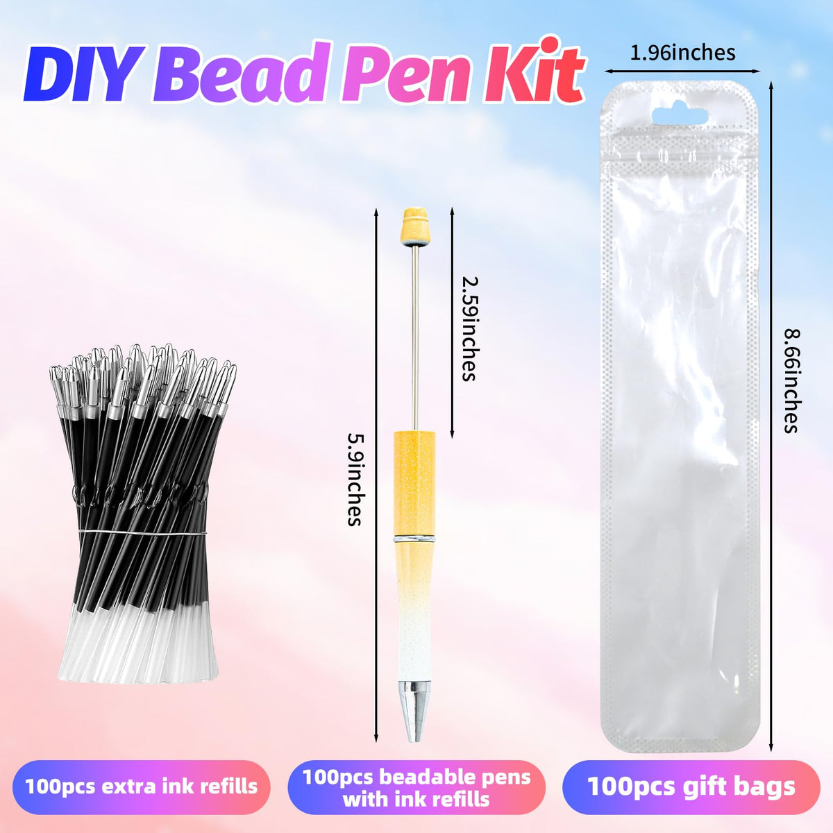 DASTTUIS 300 Pieces DIY Beadable Pens Kit - 100 plastic Beadable Pens Bulk, Refills & pen bags