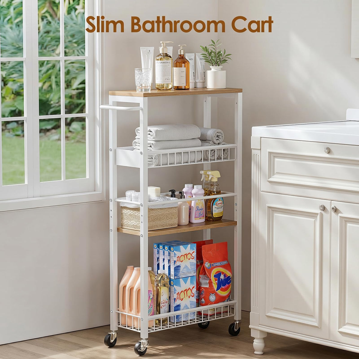 Kssiaz Slim Rolling Storage Cart, 4 Tier Narrow Storage Cart, 7.1in(W)