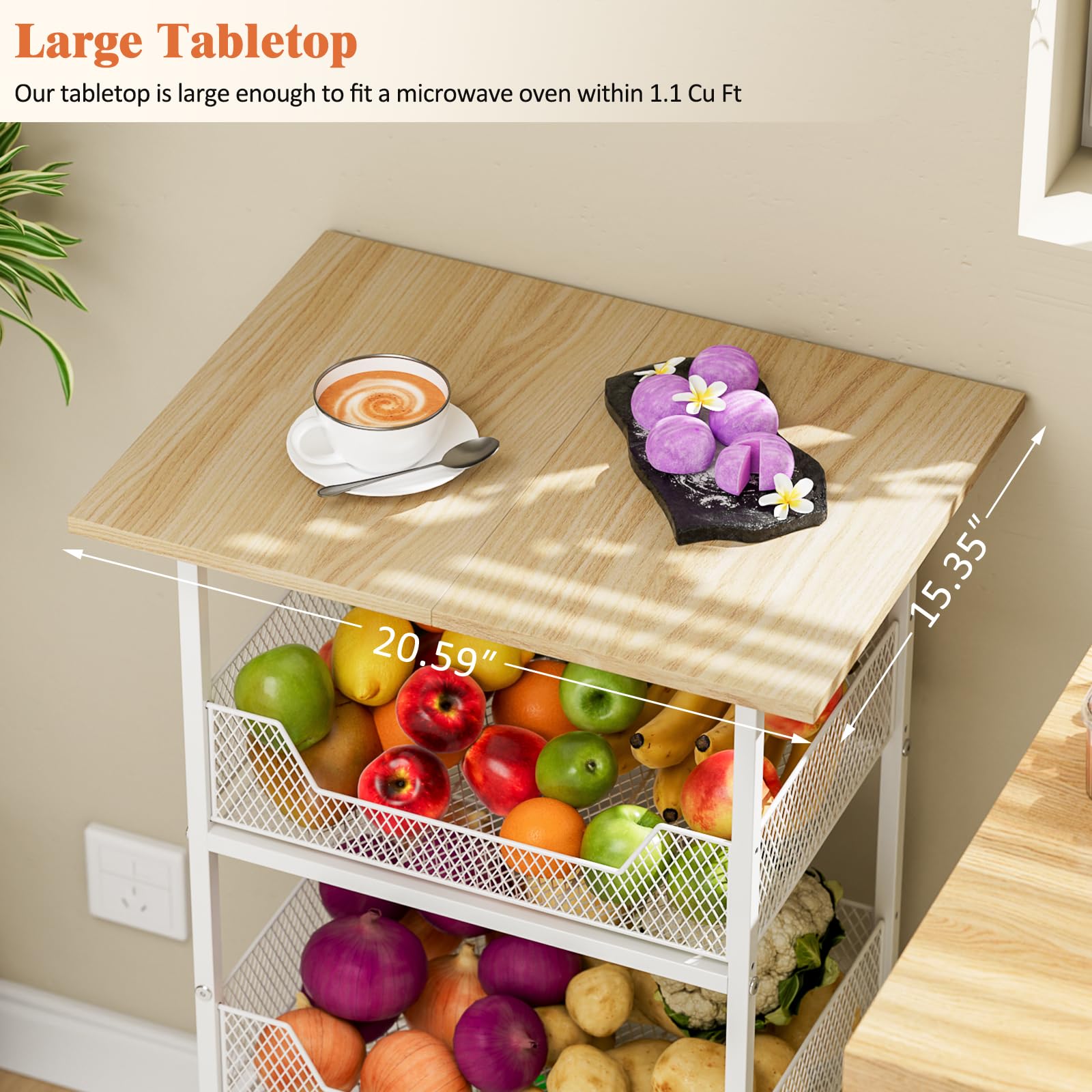 ThreeHio Rolling Kitchen Microwave Cart with Fruit Baskets, 4 Tier Microwave Table Stand with