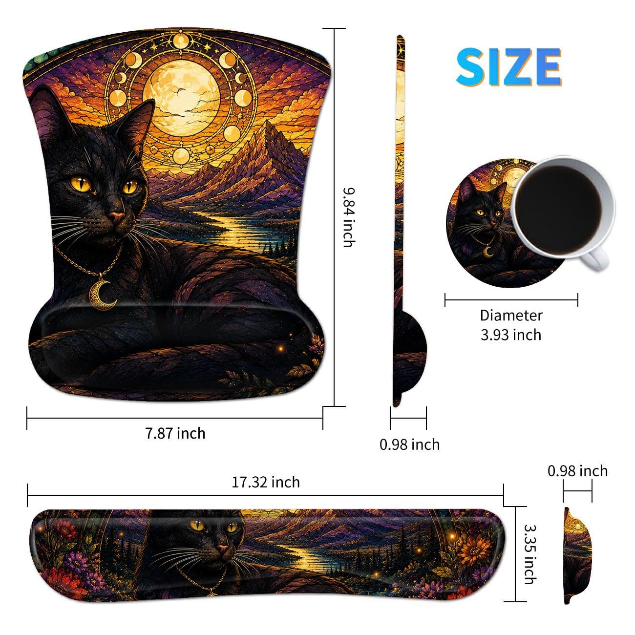 3-in-1 Ergonomic Memory Foam Keyboard Wrist Rest Pad Set, Colored Glass Cat