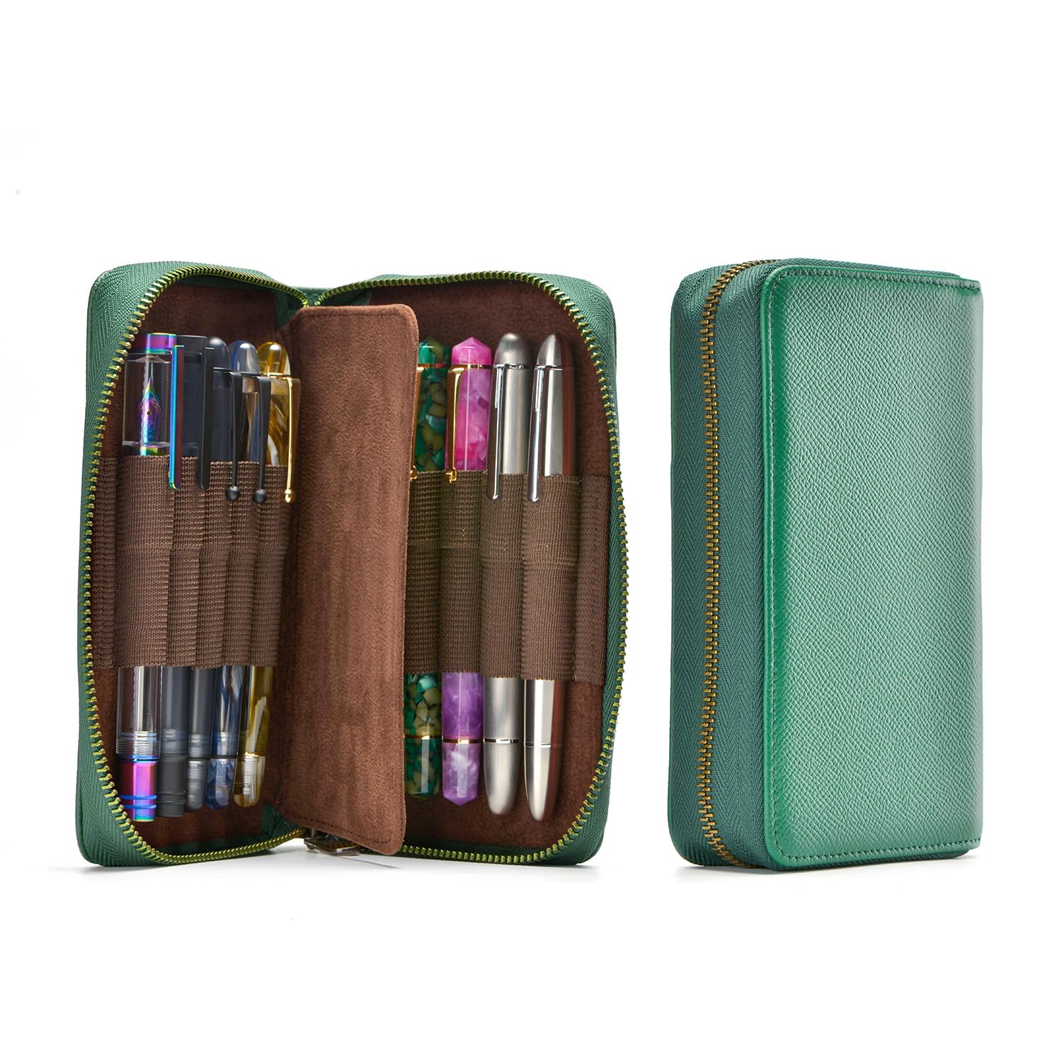 Fountain Pen Case Genuine Leather Pen Case 10 Divided Slots Army Green, Rollerball Pen Holder