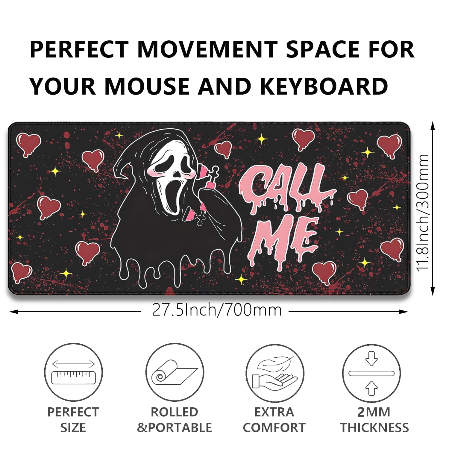 Call Me Mouse Pad Ghostface Desk Pat,Mouse Mat Large Desk Mat for Desktop,Stitched Edges Non-Slip