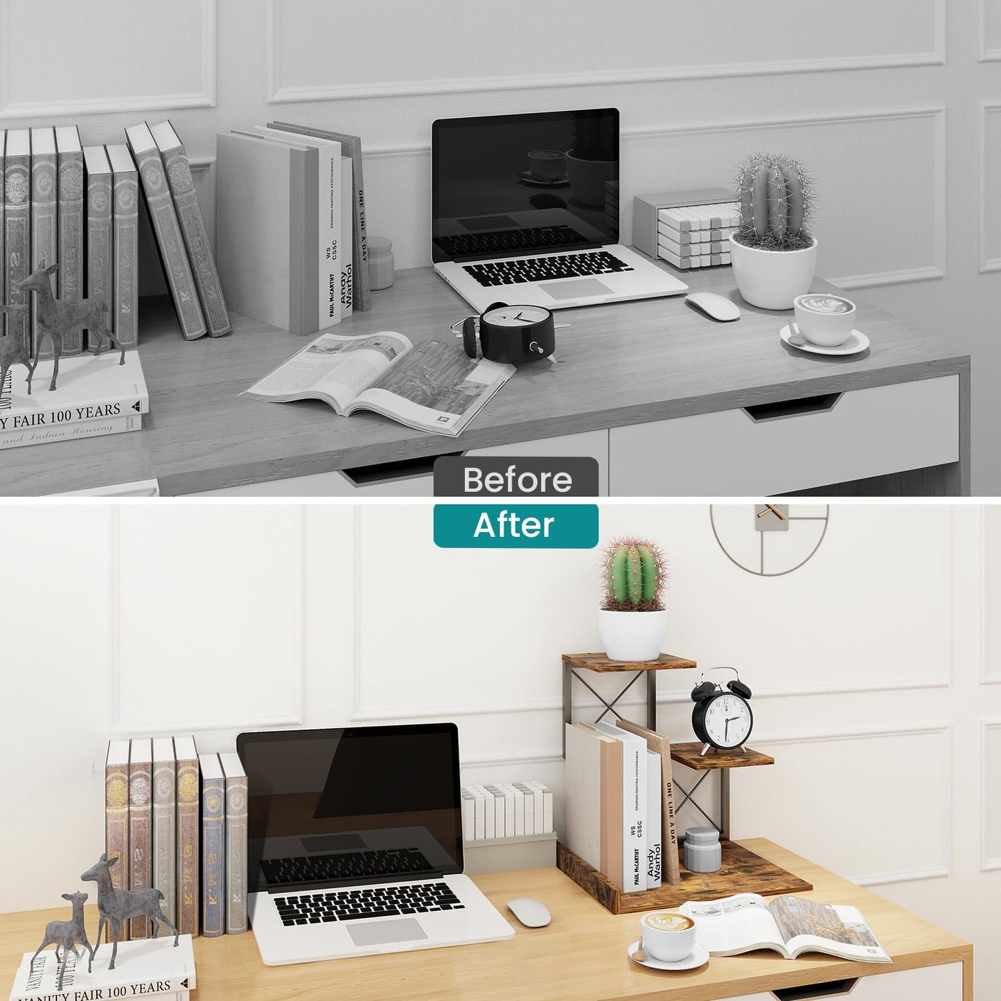 ELITEROO Desk Shelf Organizer, Wood Desktop Organizer Small Bookshelf, 3 Tier Storage Shelf Riser