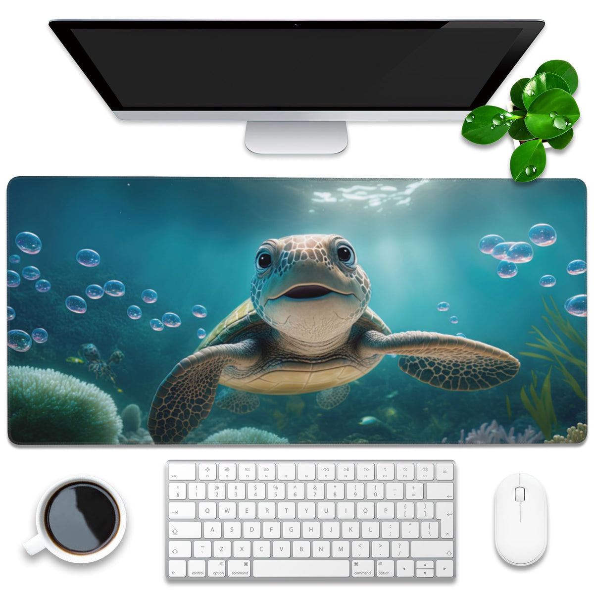 Desk Mat, Cute Turtle Smiling Under The Sea Extended Gaming Mouse Pad Large, 35.4"x15.7" Big Mouse