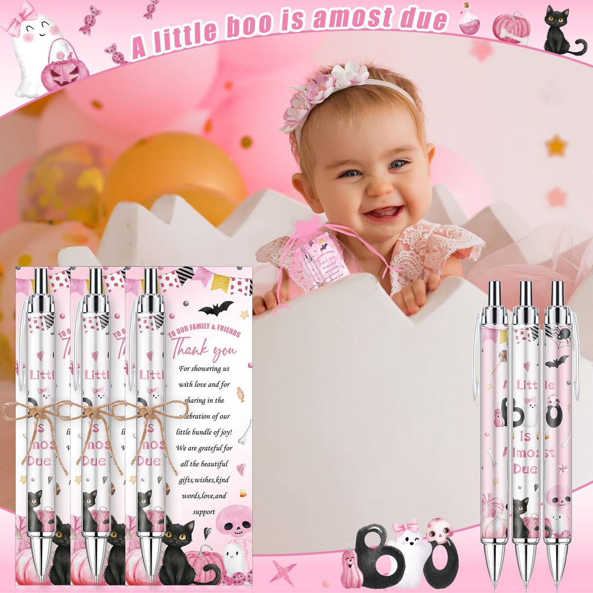 145 Pieces Halloween Baby Shower Favors for Guest A Little Boo is Almost Due Ballpoint Pens and