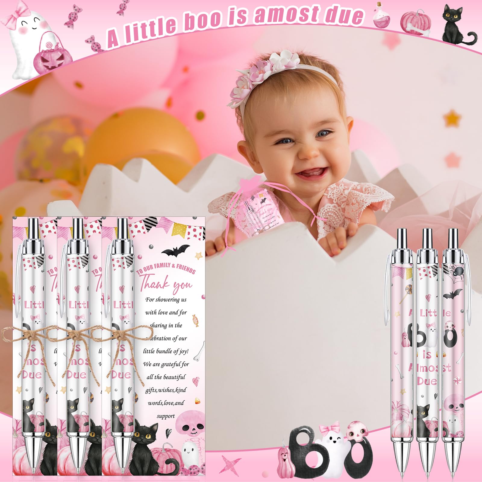 145 Pieces Halloween Baby Shower Favors for Guest A Little Boo is Almost Due Ballpoint Pens and