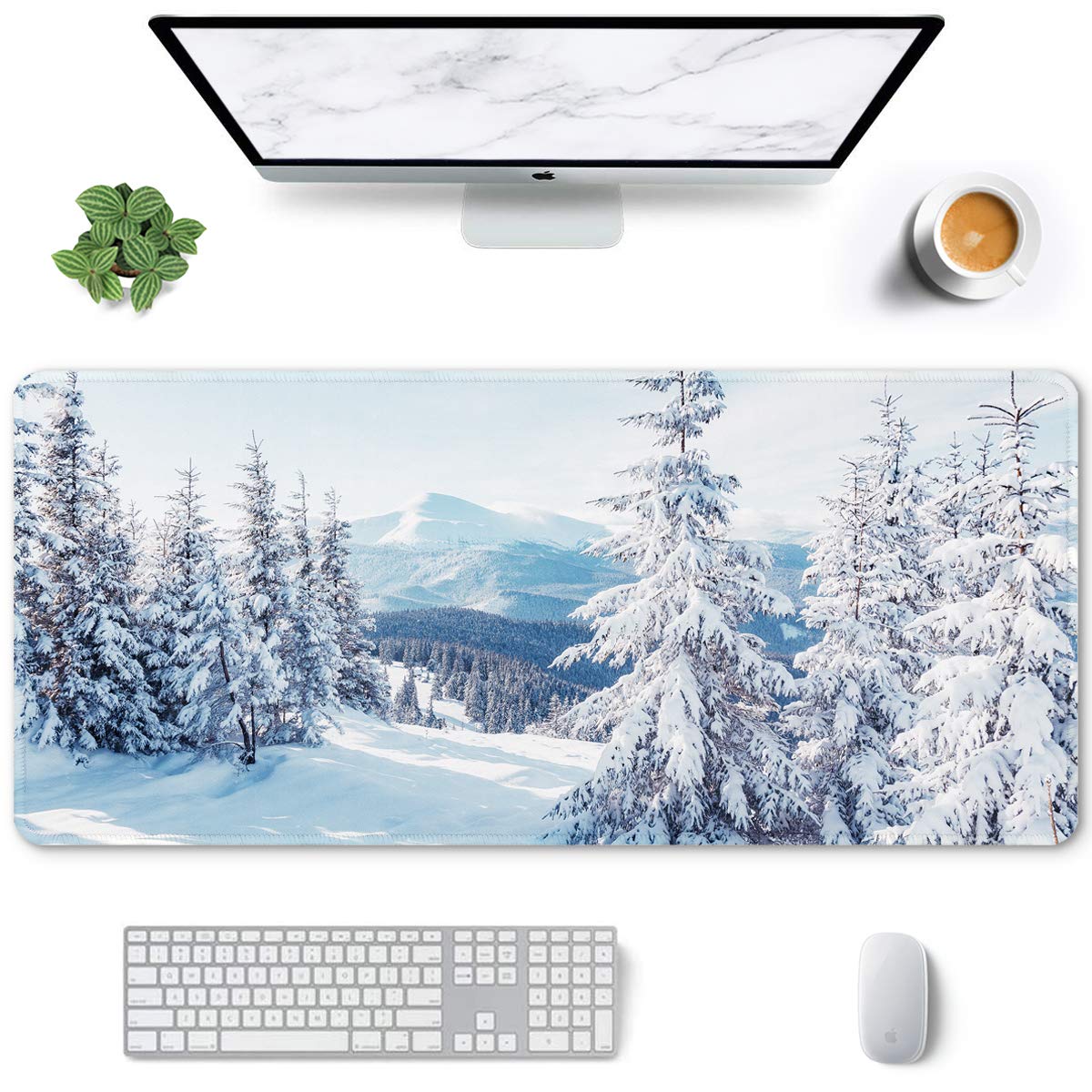 Auhoahsil Large Gaming Mouse Pad, XXL 35.4 x 15.7 in Desk Mat, White Snow