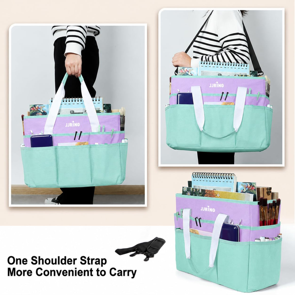 JJRING Craft Organizer Tote Bag Large Art Storage Caddy Green and Purple