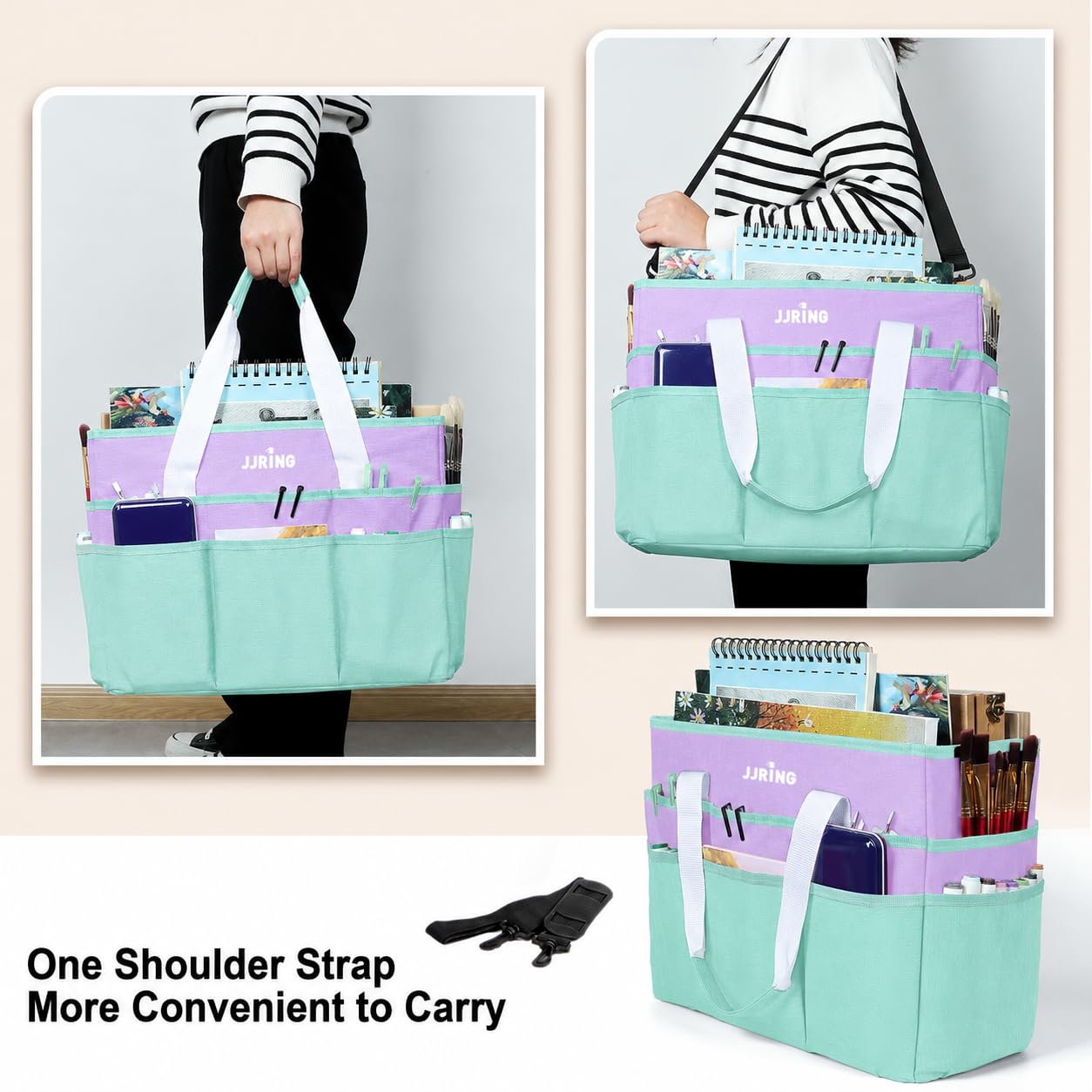 JJRING Craft Organizer Tote Bag Large Art Storage Caddy Green and Purple