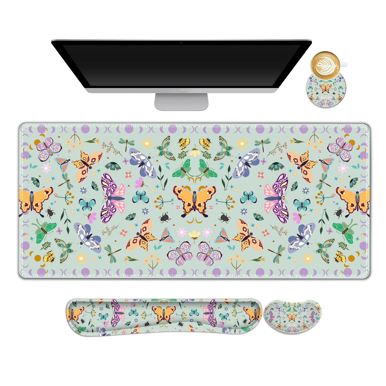 ARTSO Desk Mat Set, Aquamarine Extended Gaming Mouse Pad with Wrist Rest Support +Keyboard Wrist