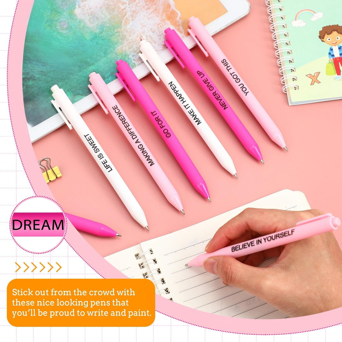 Crtiin 50 Pcs Inspirational Pens Bulk Powder Colors, Motivational