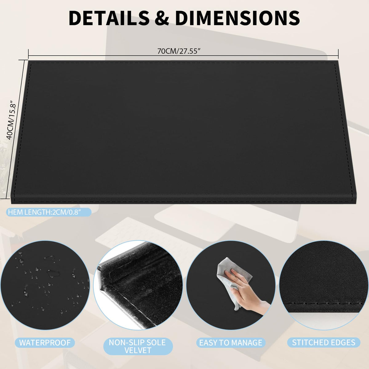 AKOZLIN 27.55”x 15.8" Soft PU Leather Surface Office Desk Mouse Mat Anti-Push Pad with Full Grip
