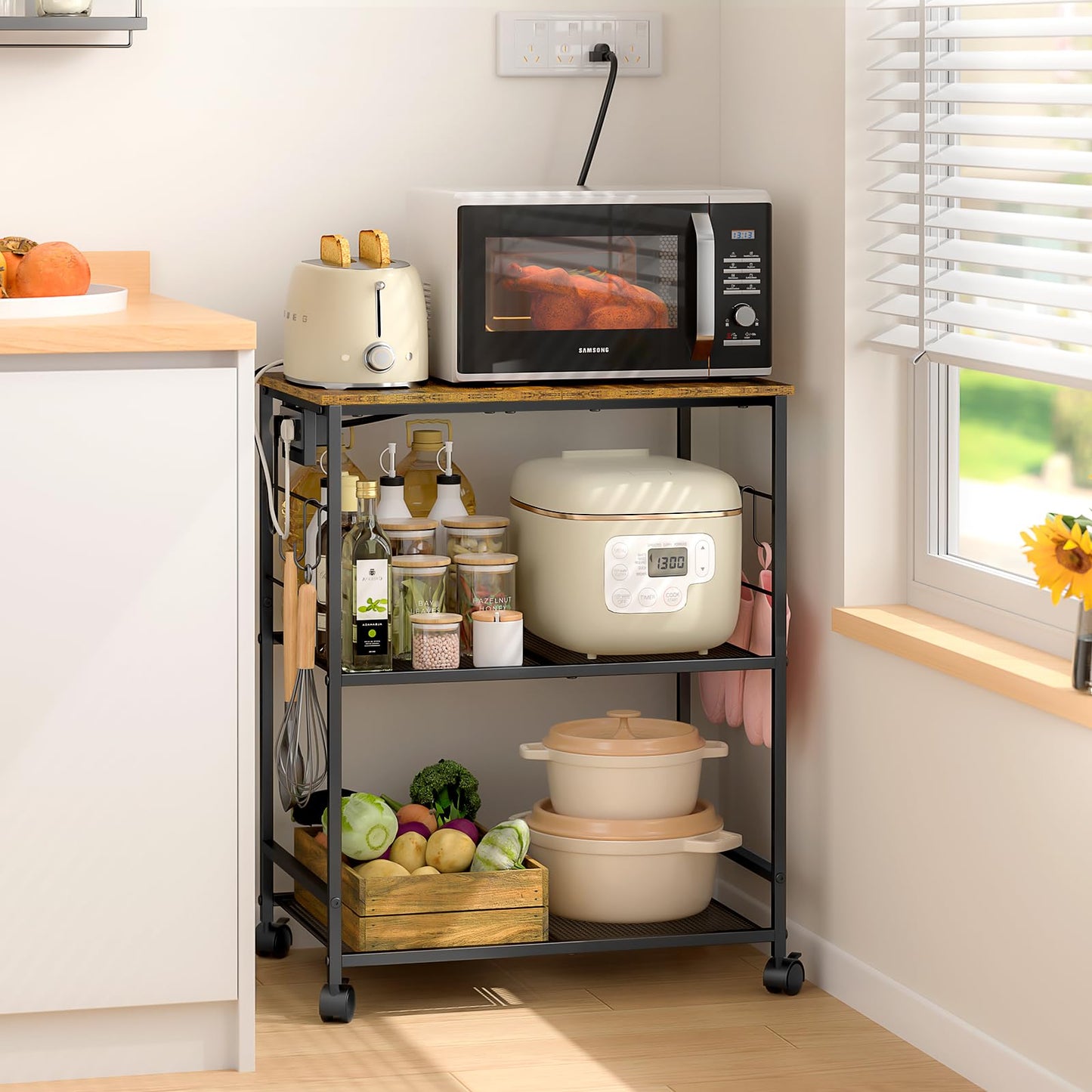 ThreeHio Rolling Kitchen Microwave Cart with Power Outlet, 3 Tier Microwave Table Stand with