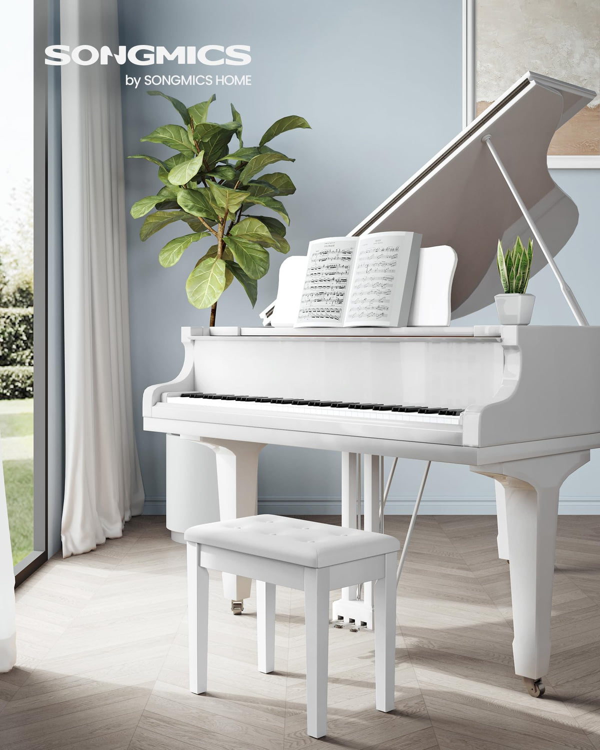 SONGMICS Wooden Piano Bench with Padded Cushion and Storage Compartment