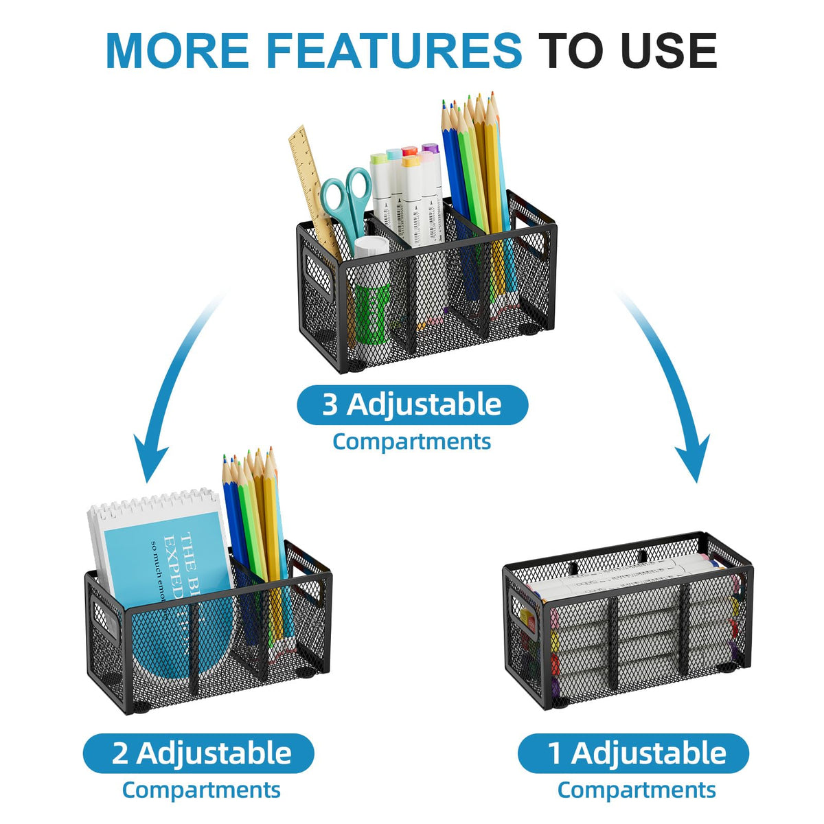 Marbrasse Mesh Pen Holder for Desk, Pencil Holder Desk Organizer 3 Adjustable Compartments, Pencil