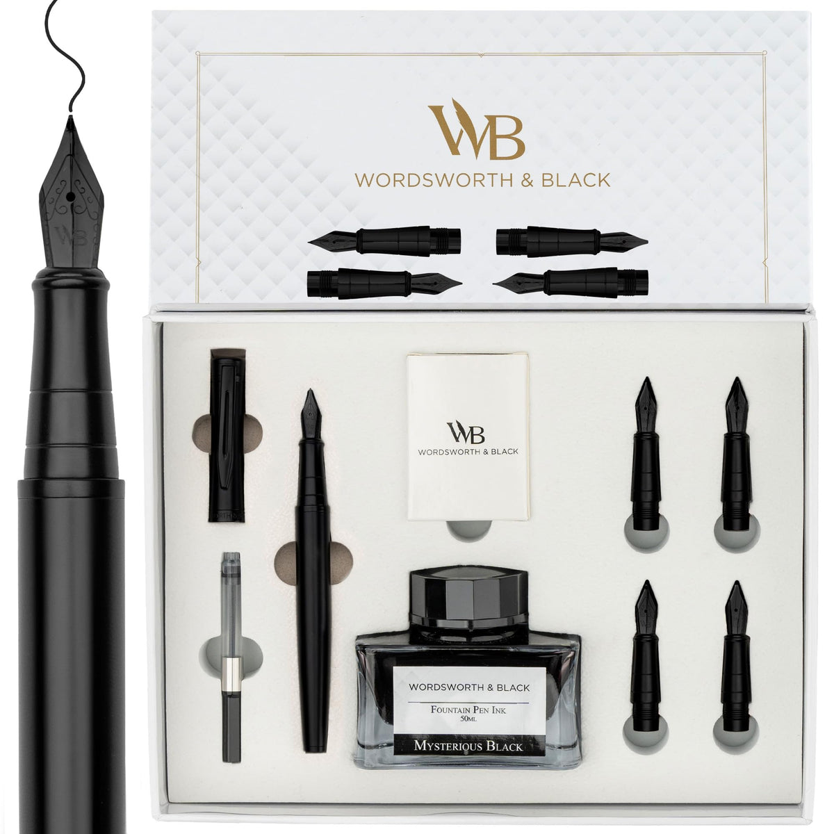 Wordsworth & Black Luxury Fountain Pen Set for Writing, 6 Nibs, All Black