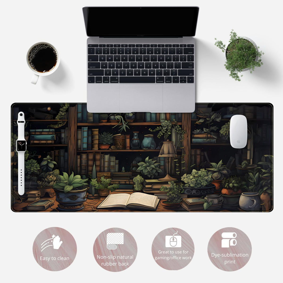 Desk Mat Green Bonsai Library Book Mouse Pad Big Vintage Aesthetic Desk Pad Flower Plant Extended