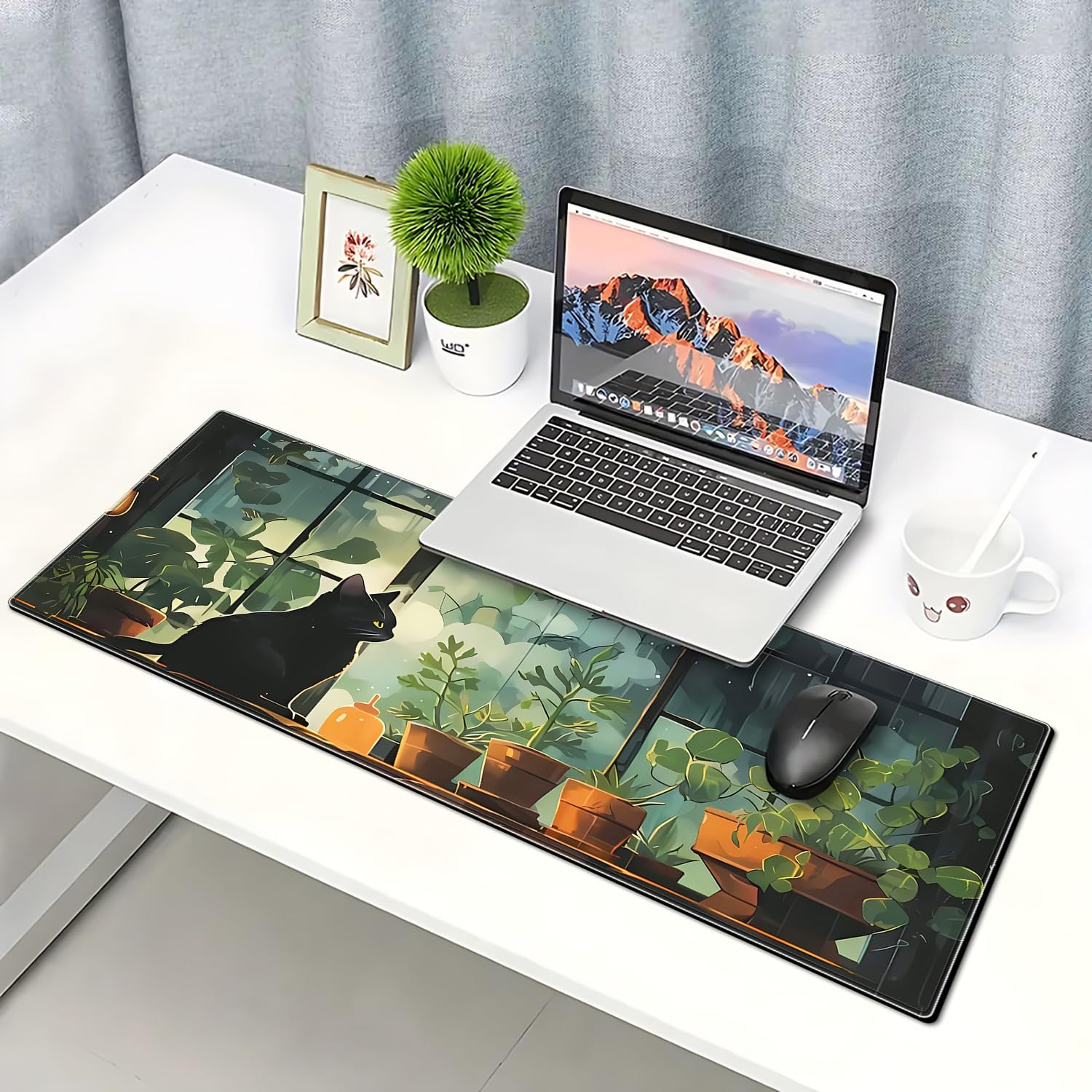 Cute Black cat Gaming Mouse Pad Green Plants Large Desk Mat, 31.5x11.8 Inch Mousepad Extended