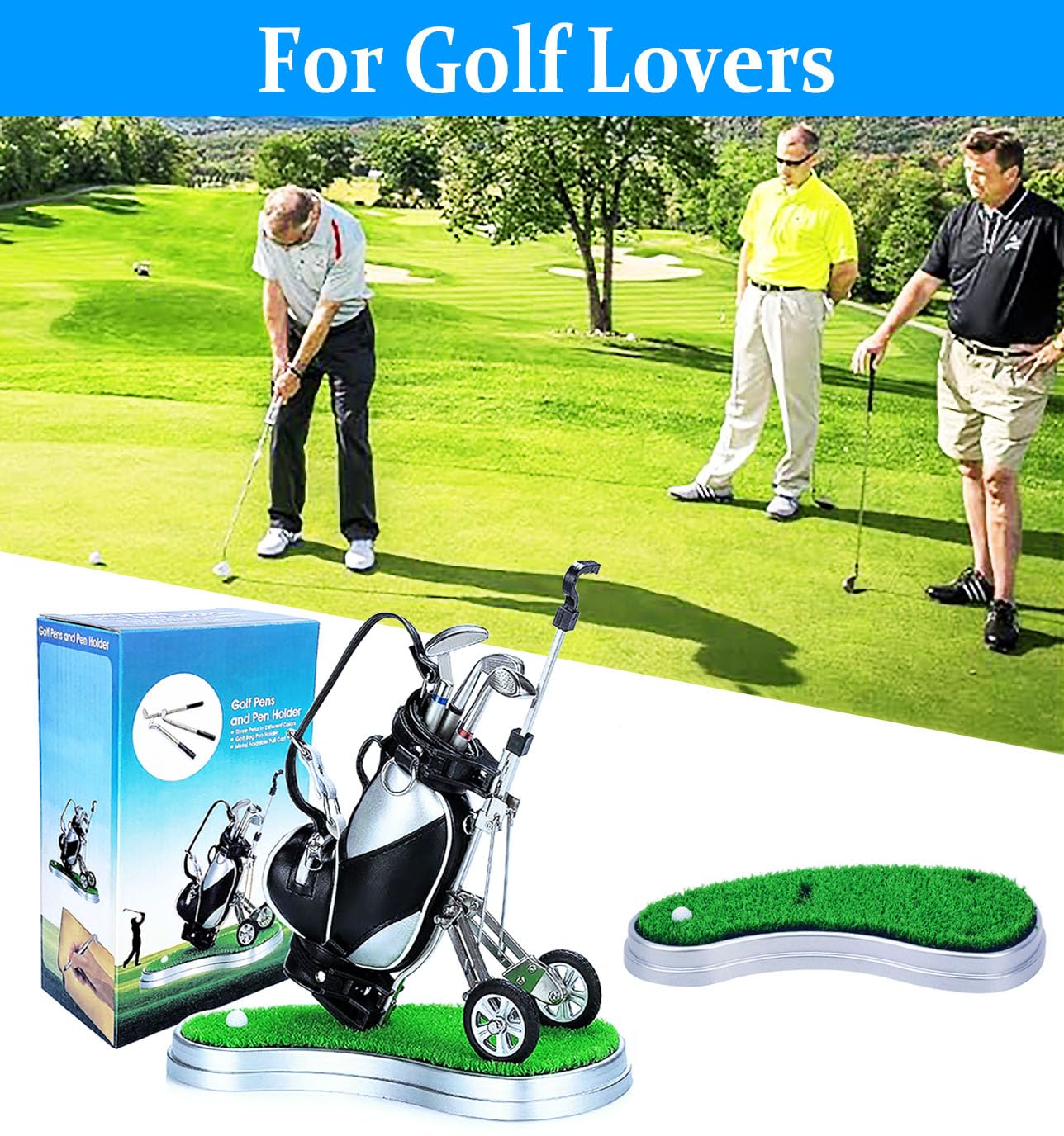 Golf Pen Holder with 3 Club Pens and Movable Golf Cart, Mini Golf Bag Desk Decor for Office, Funny