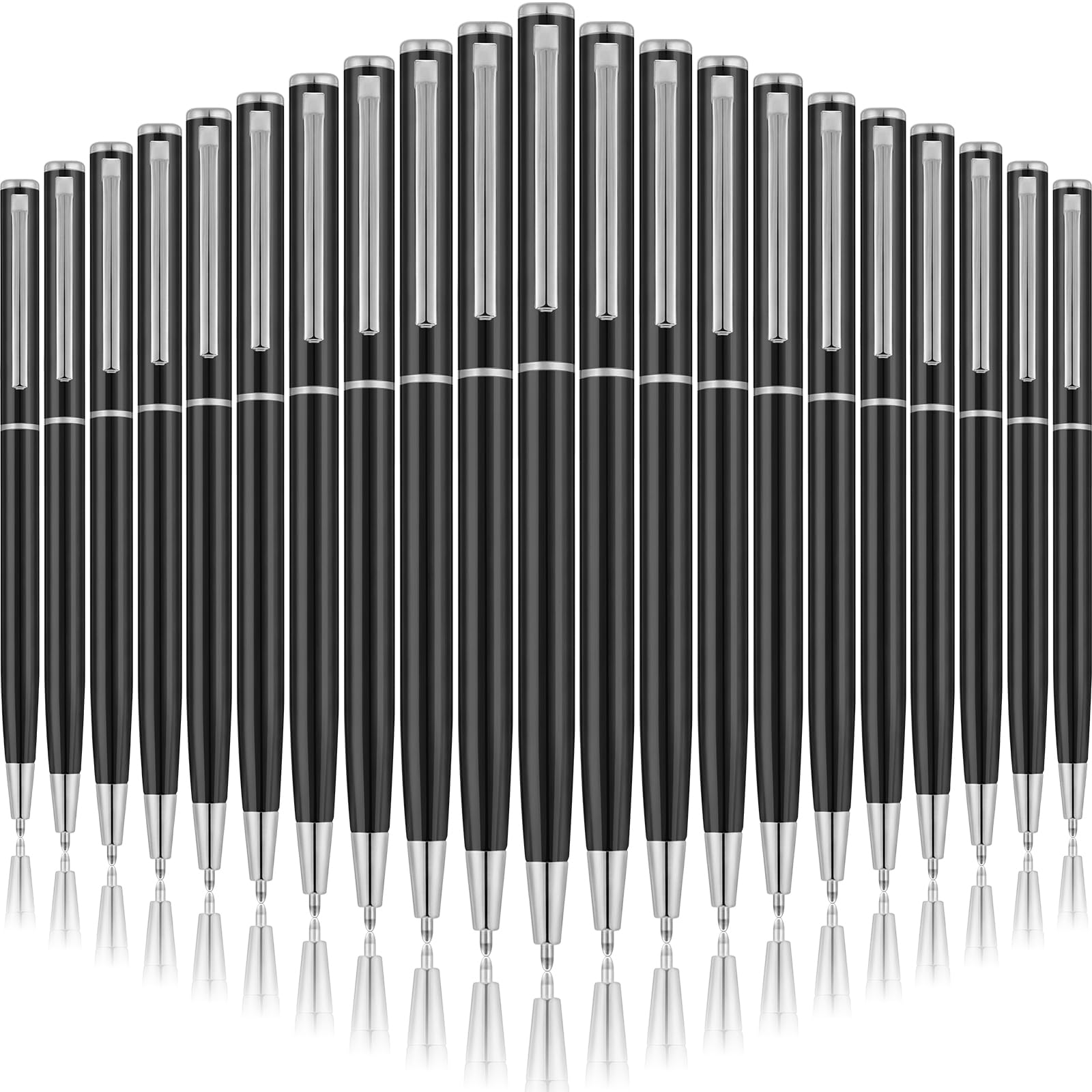 Zonon 50 Pieces Black Silver Metal Slim Ballpoint Pens Bulk, 1mm Black Ink