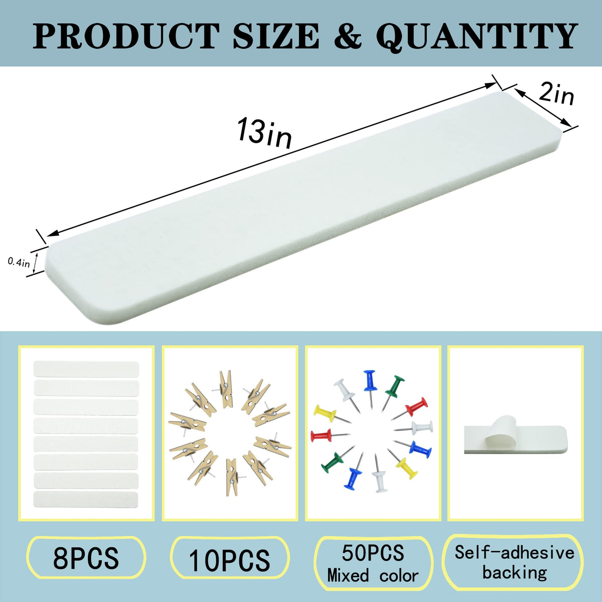YOUDEFUL 8Pcs Bulletin Board Strips, White Felt Pin Board Bar Strips with 50 Pushpins
