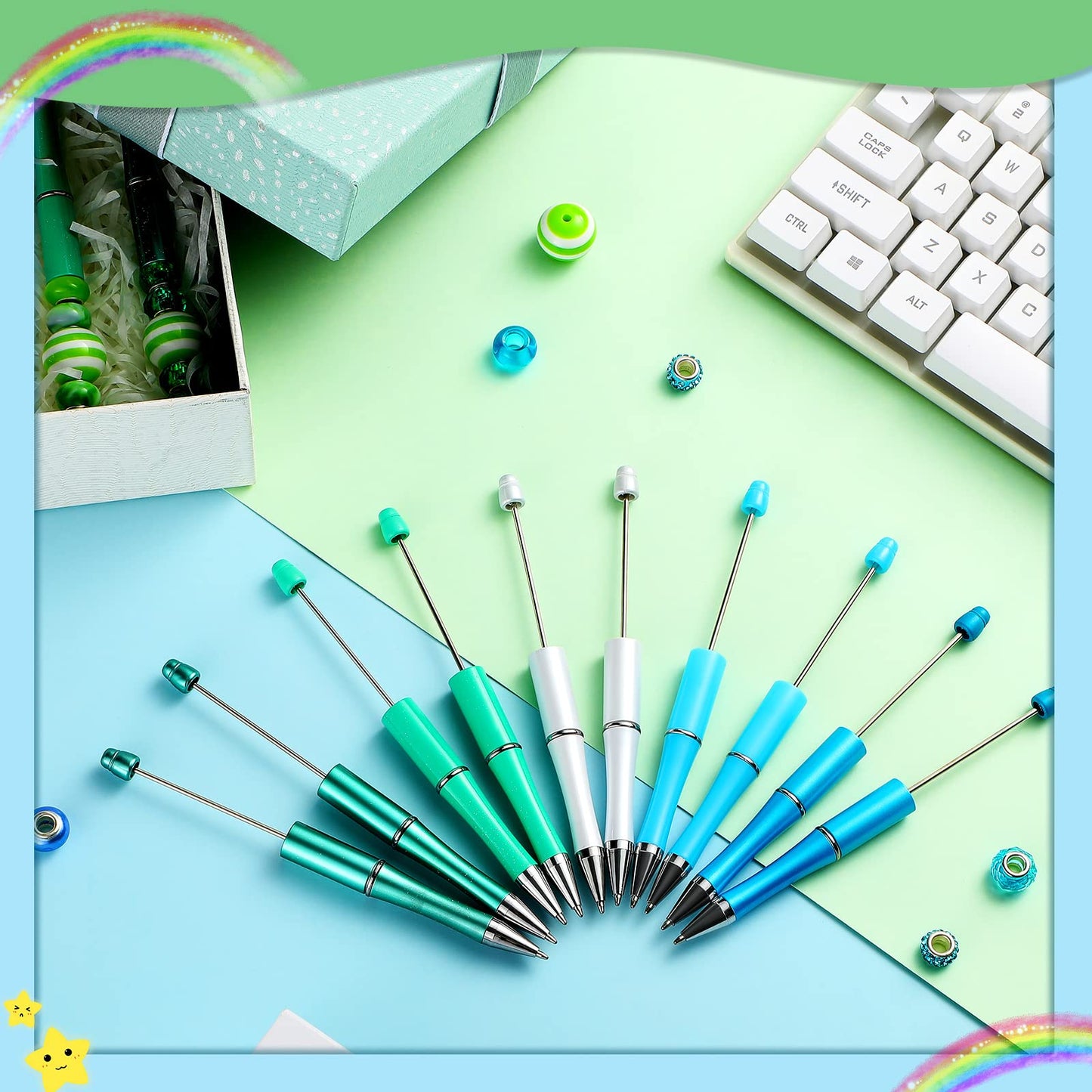 Crtiin 100 Pcs Beadable Pen School DIY Kit,Teal