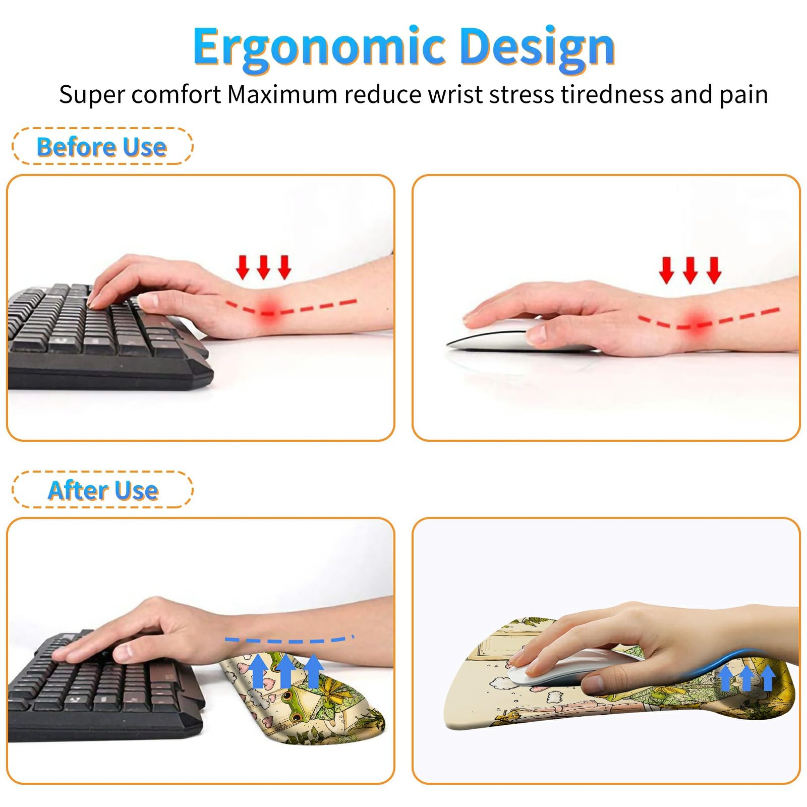 Dikoer 3Pcs Ergonomic Memory Foam Keyboard Wrist Rest Pad Set, Frog Pajamas