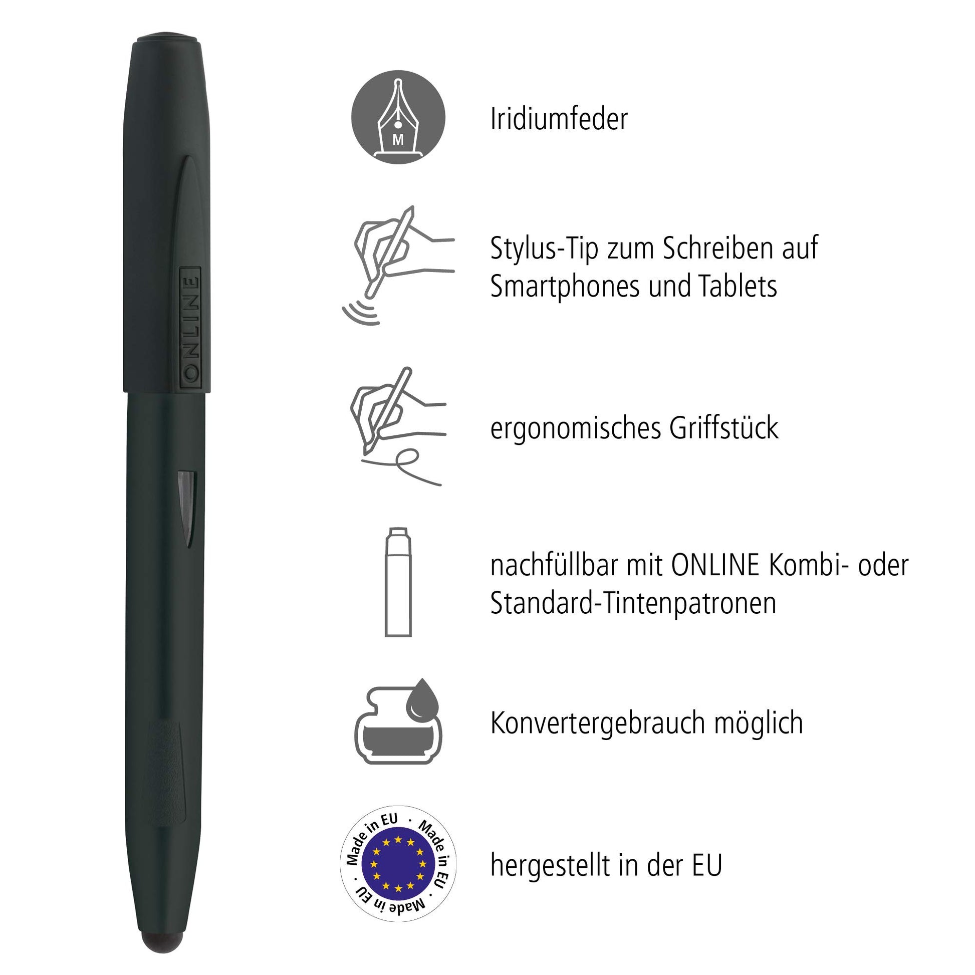 Online Fountain pen Switch Expert Black, ink cartridge fountain pen & touch pen, solid iridium nib
