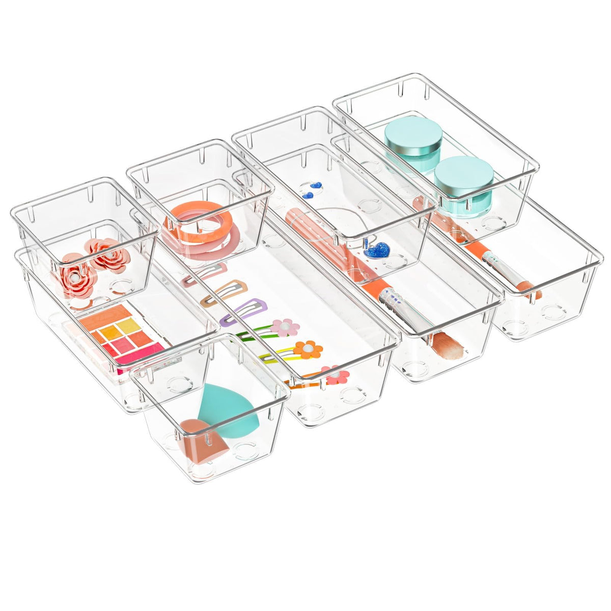 9 Pack Clear Drawer Organizer Set, Drawer Storage Trays, Storage Bins