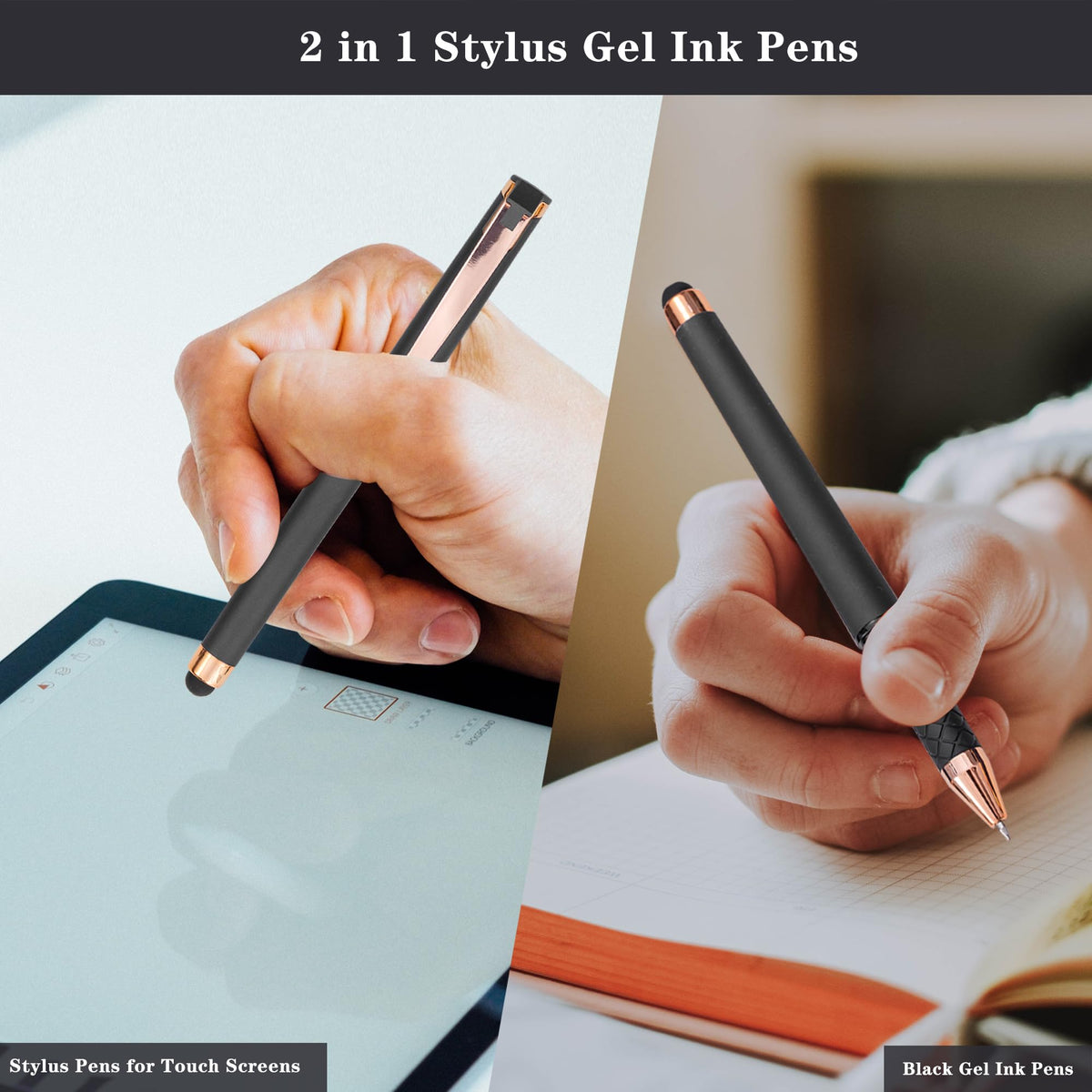 Linbsunne Black Gel Pens 0.7mm Medium Point Pen 2-in-1 Stylus
