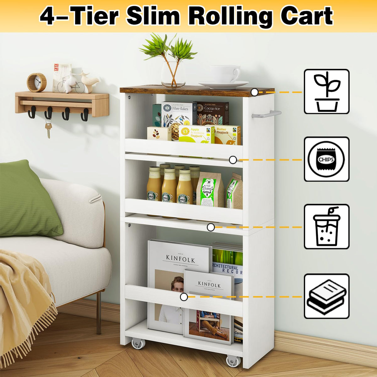 IBUYKE Slim Storage Cart Skinny Rolling Cart Utility Trolley UWST005W
